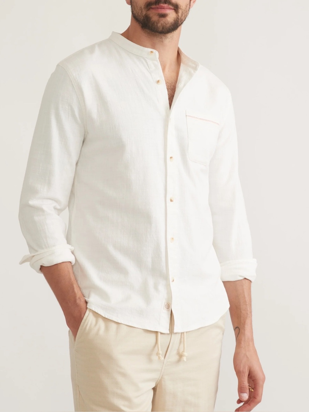 Marine Layer Long Sleeve Resort Banded Collar Stretch Selvage Shirt Natural XL
